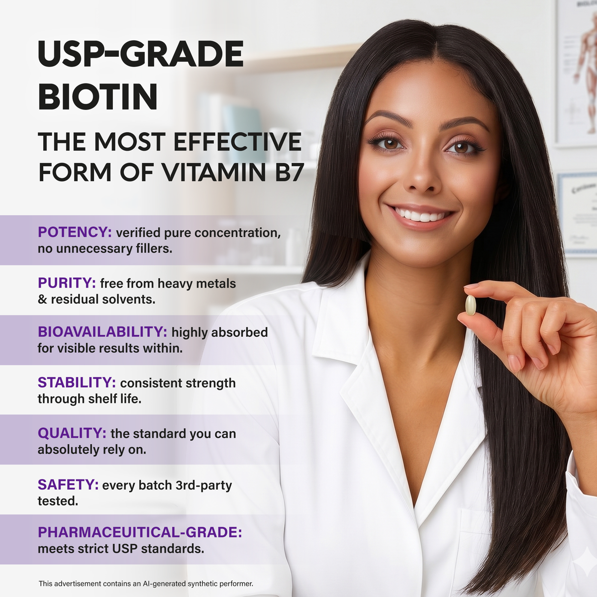 An infographic titled "USP-Grade Biotin: The Most Effective Form of Vitamin B7" featuring a health professional holding a capsule. Details product standards:   Potency & Purity: Verified pure concentration with no unnecessary fillers, free from heavy metals and residual solvents.   Bioavailability & Stability: Highly absorbed for visible results with consistent strength throughout shelf life.   Quality & Safety: Pharmaceutical-grade quality meeting strict USP standards, with every batch 3rd-party tested. 