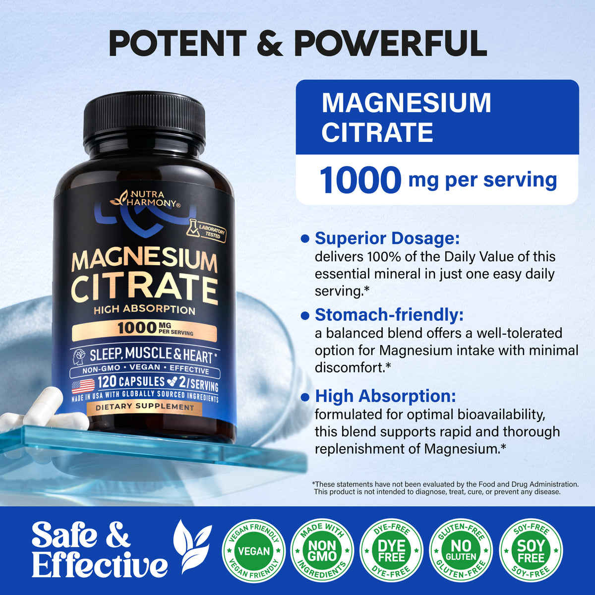 A promotional graphic titled "Potent & Powerful" showcasing the Nutraharmony Magnesium Citrate bottle (1000 mg per serving):   Superior Dosage: Delivers 100% Daily Value in one daily serving.   Stomach-Friendly & High Absorption: Formulated for gentle digestion and optimal bioavailability.   Quality Badges: Vegan-friendly, Non-GMO, Dye-Free, Gluten-Free, and Soy-Free. 
