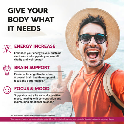 Health benefit infographic titled Give Your Body What It Needs featuring a smiling man outdoors wearing sunglasses and a straw hat. Outlines three key wellness benefits: Energy Increase, enhancing energy levels, sustaining alertness, and supporting overall vitality; Brain Support, essential for cognitive function and overall brain health for optimal focus and performance; and Focus & Mood, supporting mental clarity, focus, and a positive mood to help with concentration and emotional balance.