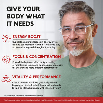 Health benefit infographic titled Give Your Body What It Needs featuring a smiling, middle-aged man wearing glasses. Outlines three key benefits: Energy Boost, supporting a natural increase in energy, stamina, and vitality throughout the day; Focus & Concentration, utilizing adaptogens to aid clarity, focus, and productivity; and Vitality & Performance, providing a boost to feel refreshed, balanced, and ready to take on daily challenges.