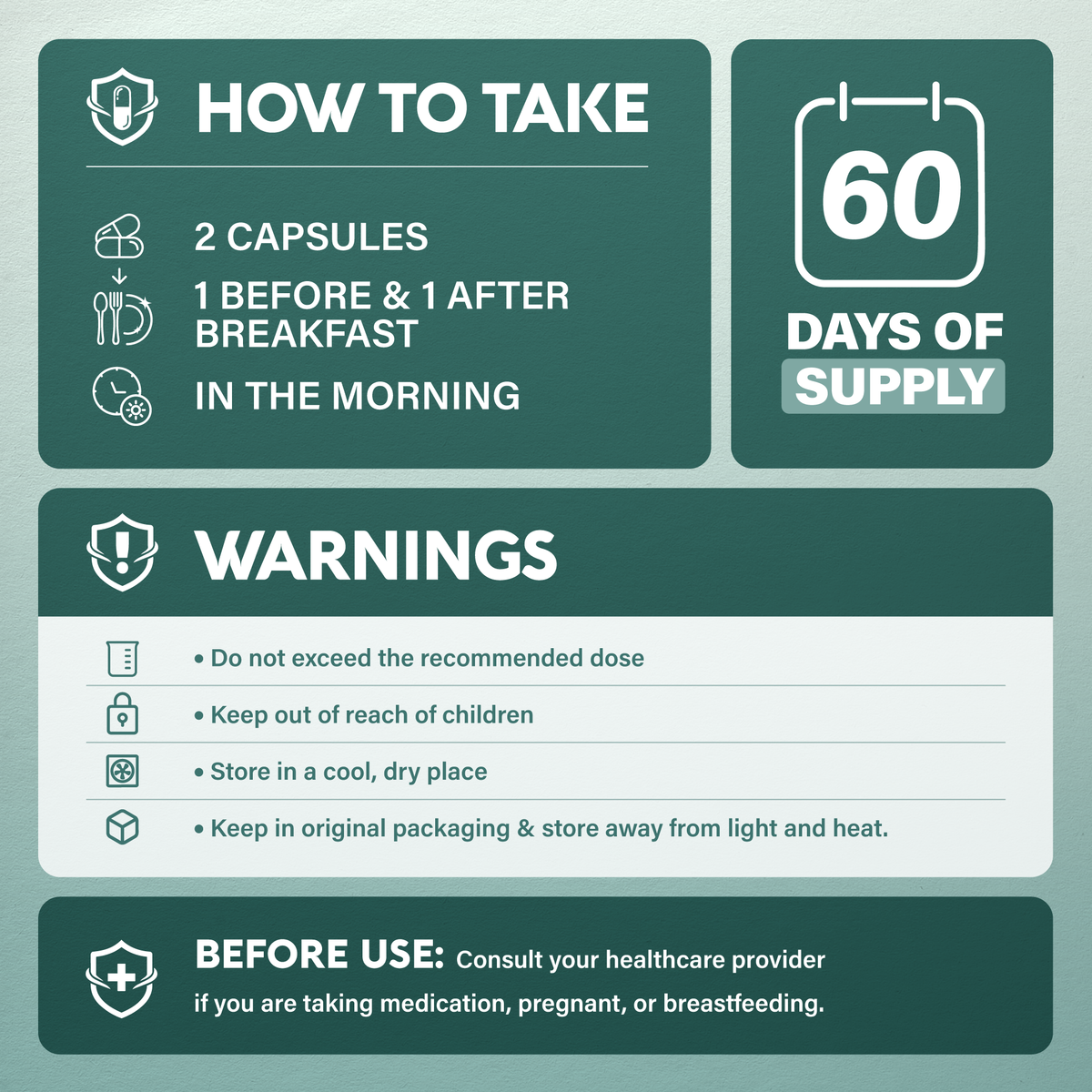 Infographic titled How to Take detailing dosage for NutraHarmony Lion's Mane. Directs taking 2 capsules daily in the morning (1 before breakfast, 1 after breakfast). Shows a 60-day supply box and lists warnings: do not exceed dose, keep away from children, store in a cool dry place away from heat/light, and consult a doctor if pregnant, nursing, or on medication.