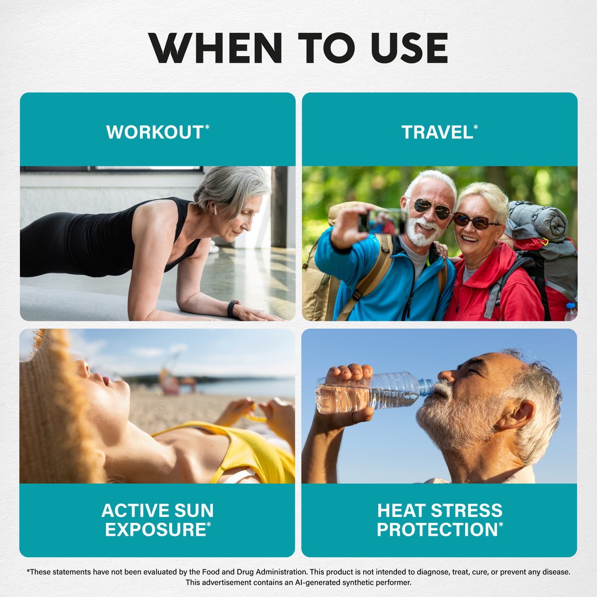 An infographic titled "When to Use" featuring four lifestyle scenarios:   Use Cases: Shows individuals engaging in workouts, traveling, active sun exposure, and staying hydrated for heat stress protection