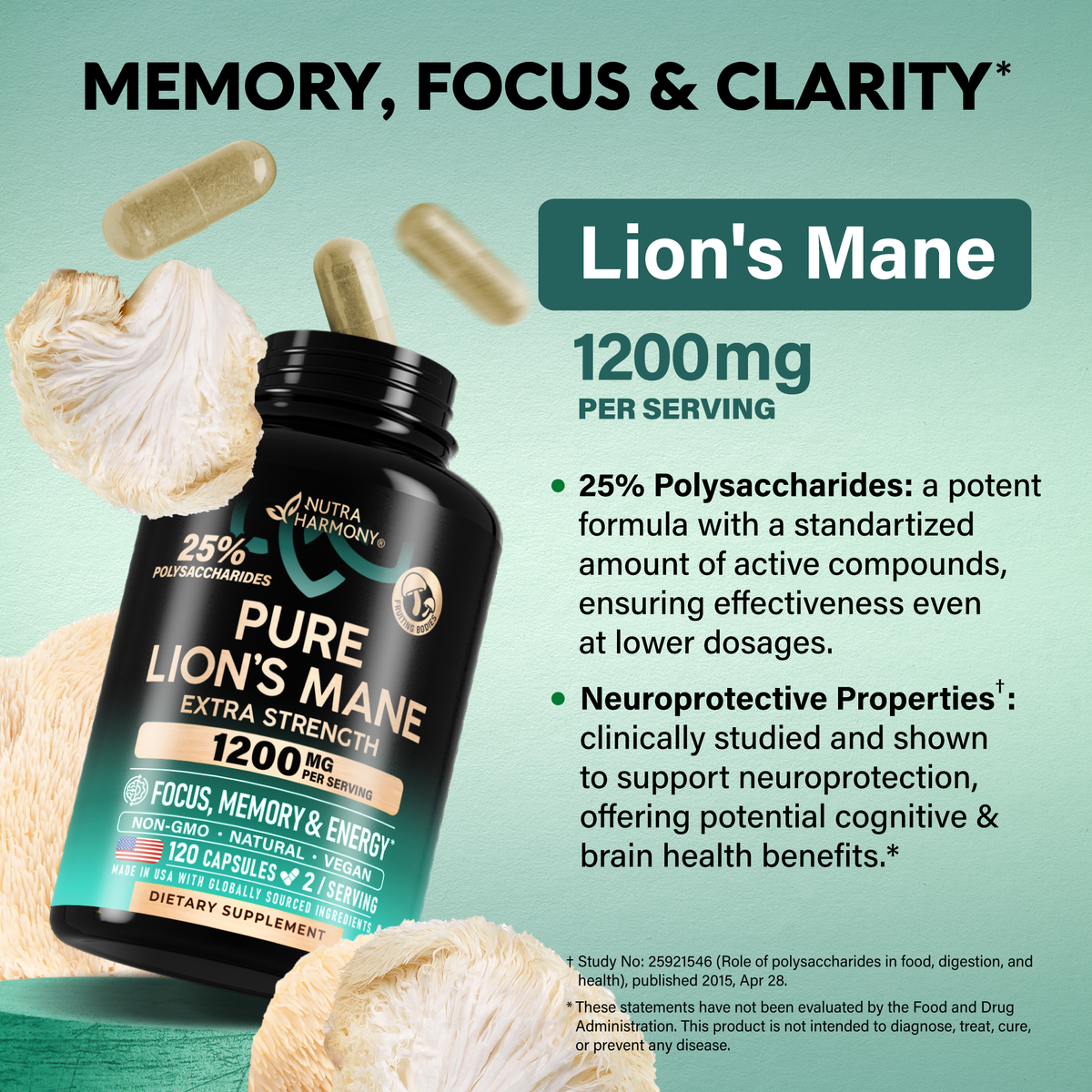 Product graphic titled Memory, Focus & Clarity featuring NutraHarmony Pure Lion's Mane bottle (1200 mg per serving, 120 capsules). Highlights 25% standardized polysaccharides for formula potency and neuroprotective properties backed by scientific study on cognitive and brain health.