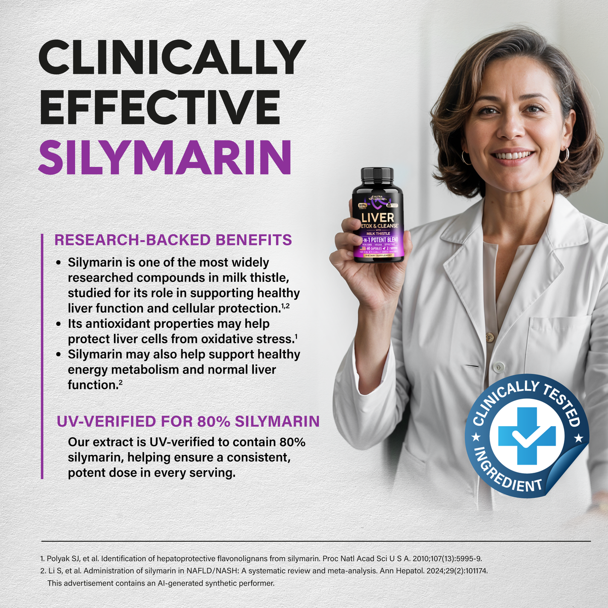 Educational graphic titled Clinically Effective Silymarin featuring a clinician in a white lab coat holding a bottle of NutraHarmony Liver Detox & Cleanse. Details Research-Backed Benefits of silymarin (milk thistle extract) in supporting healthy liver function, protecting liver cells from oxidative stress, and supporting energy metabolism. Highlights that the extract is UV-verified to contain 80% silymarin for consistent potency. Features a Clinically Tested Ingredient badge and scientific study references