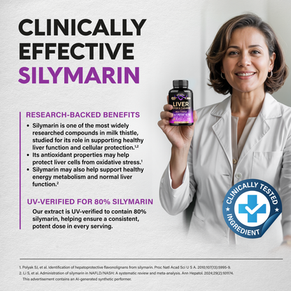 Educational graphic titled Clinically Effective Silymarin featuring a clinician in a white lab coat holding a bottle of NutraHarmony Liver Detox & Cleanse. Details Research-Backed Benefits of silymarin (milk thistle extract) in supporting healthy liver function, protecting liver cells from oxidative stress, and supporting energy metabolism. Highlights that the extract is UV-verified to contain 80% silymarin for consistent potency. Features a Clinically Tested Ingredient badge and scientific study references