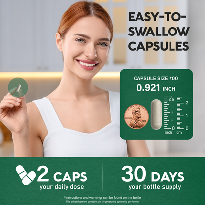 An infographic titled "Easy-To-Swallow Capsules" showing a smiling woman holding a single capsule. Details capsule specs and supply:   Capsule Size: Size #00 (0.921 inch compared to a U.S. penny).   Dosage & Supply: Indicates a daily dose of 2 capsules, providing a 30-day bottle supply. 