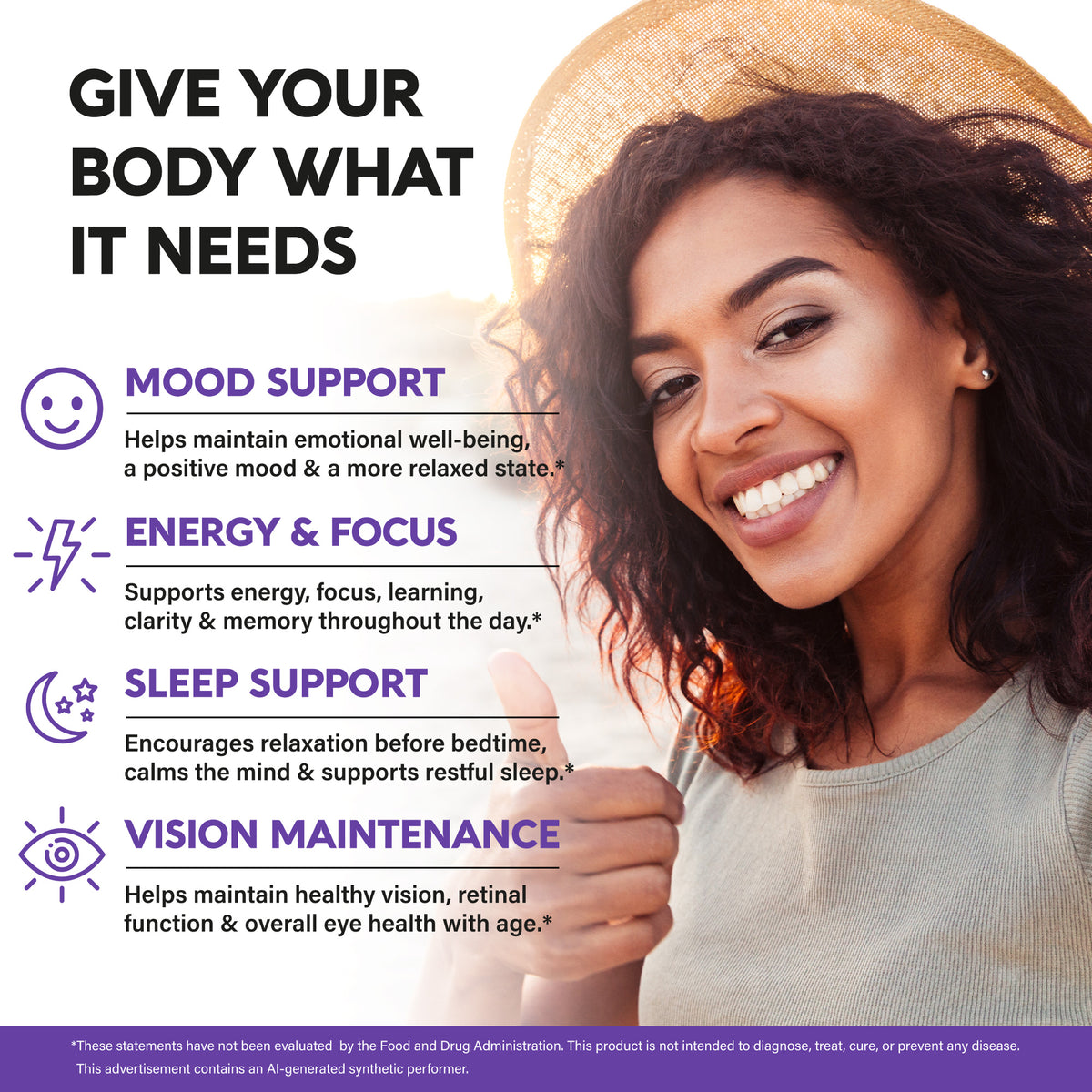 Health benefit infographic titled Give Your Body What It Needs featuring a smiling woman. Outlines four key wellness pillars: Mood Support to maintain emotional well-being and a positive, relaxed state; Energy & Focus to support energy, focus, learning, clarity, and memory; Sleep Support to encourage relaxation before bedtime and calm the mind; and Vision Maintenance to help maintain healthy vision, retinal function, and eye health with age.