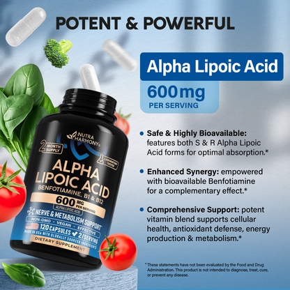 Supplement banner titled Potent & Powerful featuring NutraHarmony Alpha Lipoic Acid 600 mg bottle (120 capsules, 2-month supply). Highlights three key formula benefits: Safe & Highly Bioavailable (combining S & R ALA forms), Enhanced Synergy (empowered with bioavailable Benfotiamine), and Comprehensive Support (potent vitamin blend supporting cellular health, antioxidant defense, energy production, and metabolism).