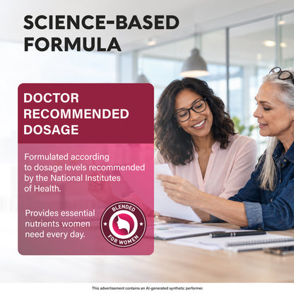 An infographic titled "Science-Based Formula" featuring two women reviewing document notes. Outlines quality standards:   Doctor Recommended Dosage: Formulated according to dosage levels recommended by the National Institutes of Health.   Blended For Women: Provides essential daily nutrients tailored specifically for women's health needs. 