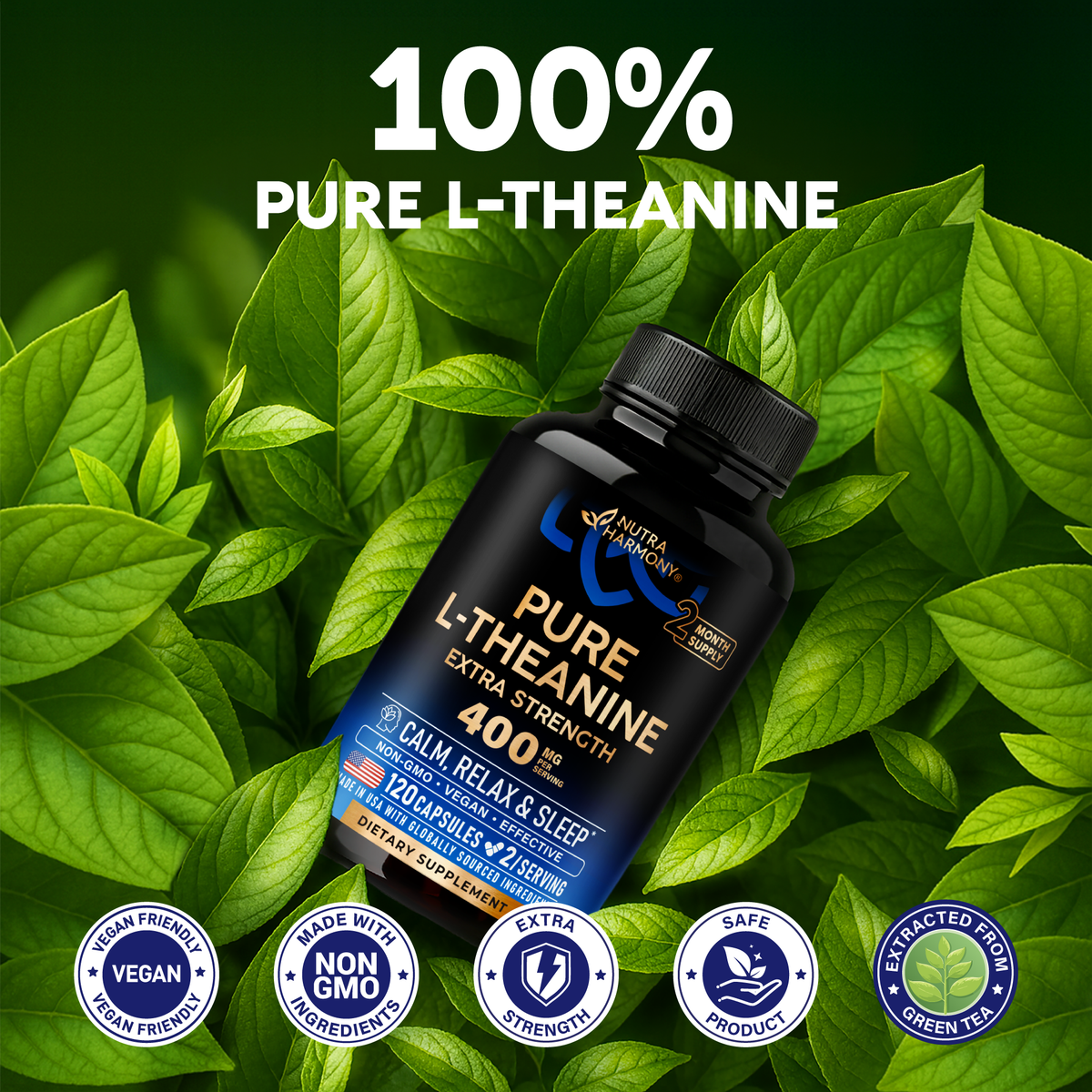 A quality assurance infographic titled "100% Pure L-Theanine" highlighting green tea leaves and quality badges:   Quality Badges: Vegan-friendly, Non-GMO, Extra Strength, Safe Product, and Extracted from Green Tea. 