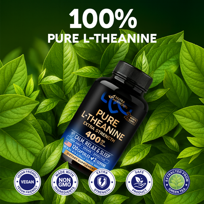 A quality assurance infographic titled "100% Pure L-Theanine" highlighting green tea leaves and quality badges:   Quality Badges: Vegan-friendly, Non-GMO, Extra Strength, Safe Product, and Extracted from Green Tea. 