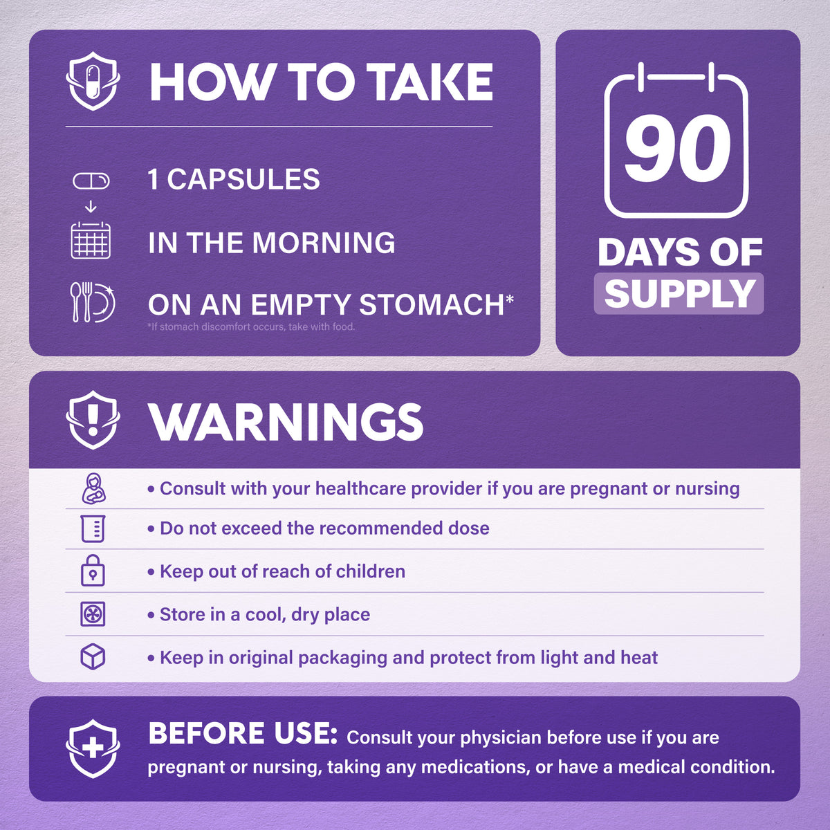 Instructional infographic titled How to Take for NutraHarmony Saffron. Recommends 1 capsule in the morning on an empty stomach (or with food if stomach discomfort occurs), providing a 90-day bottle supply. Outlines safety warnings: consult a healthcare provider if pregnant, nursing, taking medication, or managing a medical condition; do not exceed recommended dose; keep out of reach of children; store in a cool, dry place; and protect from light and heat in original packaging.