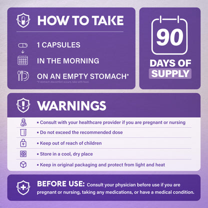 Instructional infographic titled How to Take for NutraHarmony Saffron. Recommends 1 capsule in the morning on an empty stomach (or with food if stomach discomfort occurs), providing a 90-day bottle supply. Outlines safety warnings: consult a healthcare provider if pregnant, nursing, taking medication, or managing a medical condition; do not exceed recommended dose; keep out of reach of children; store in a cool, dry place; and protect from light and heat in original packaging.
