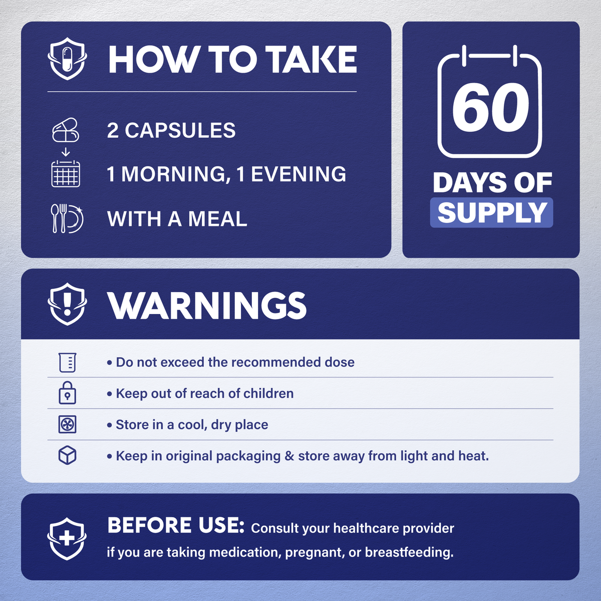 An instructional infographic titled "How to Take" detailing dosing schedules, bottle supply, and usage precautions:   Directions & Supply: Take 2 capsules daily with a meal (1 in the morning and 1 in the evening). Provides a 60-day supply (120 capsules).   Warnings & Storage: Do not exceed recommended dose; keep out of reach of children. Store in a cool, dry place away from light and heat.   Consultation: Consult a healthcare provider prior to use if taking medication, pregnant, or breastfeeding.  