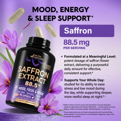 Product banner. Highlights key benefits: Formulated at a Meaningful Level with a potent dosage of saffron flower extract for effective, consistent daily support; and Supports Your Whole Day, designed to ease stress and low mood during the day while supporting deeper, restful sleep at night. Includes a footnote citing a 4-week clinical study on mood, fatigue, vitality, and sleep quality (US Patent 10,933,110).