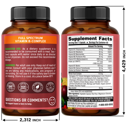 SUGGESTED USE: Adults take 1 capsule daily with water, with a meal or as directed by a physician.
WARNINGS: Keep out of reach of children. Consult physician if pregnant, nursing, or taking medications. Store below 85°F.
SUPPLEMENT FACTS: B1 24 mg, B2 26 mg, B3 48 mg, B6 35 mg, B12 2000 mcg, Folate (as 5-MTHF) 817 mcg (1000 mcg DFE), Biotin 750 mcg, B5 50 mg, Choline 55 mg, Whole Food Complex 110 mg, Myo-Inositol 50 mg. Other: Vegetable Capsule, Rice Flour, Magnesium Stearate, Silicon Dioxide.