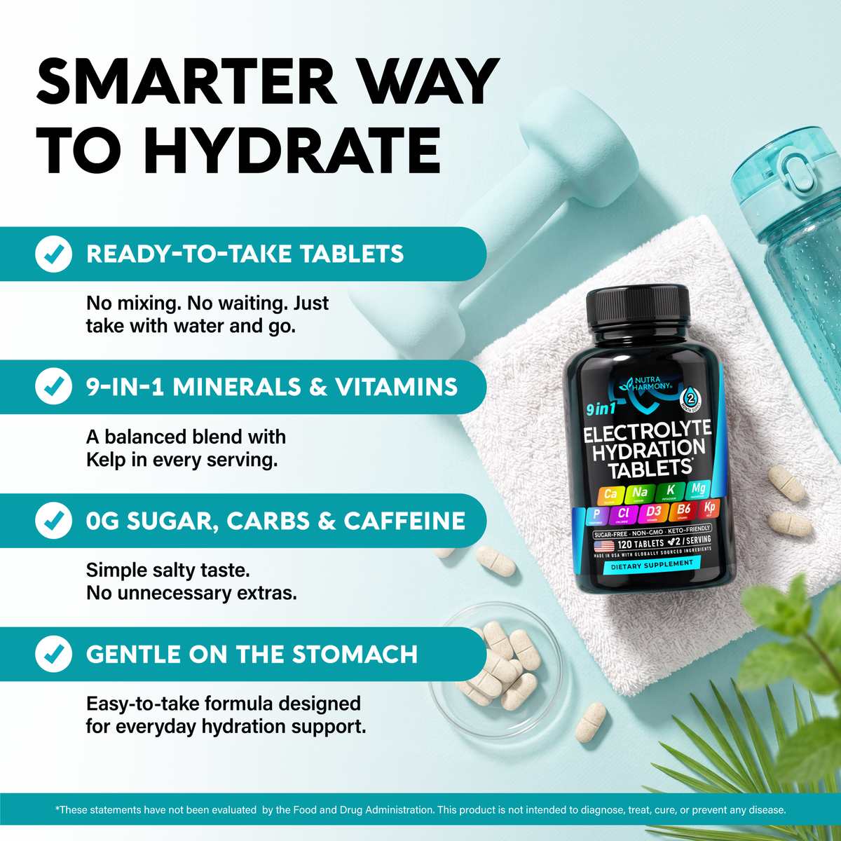 An infographic titled "Smarter Way to Hydrate" featuring NutraHarmony 9-in-1 Electrolyte Hydration Tablets. Outlines key product advantages:   Ready-to-Take Tablets: Convenient design requiring no mixing or waiting.   9-in-1 Formula: Balanced mineral and vitamin blend with kelp.   Clean Formula: Zero sugar, carbs, or caffeine with a simple salty taste.   Gentle: Easy-to-take formula designed for daily stomach-friendly hydration. 