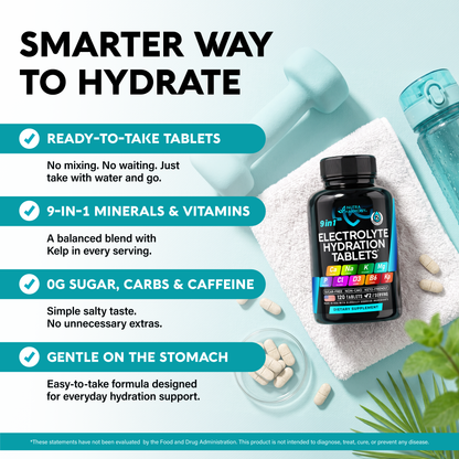 An infographic titled "Smarter Way to Hydrate" featuring NutraHarmony 9-in-1 Electrolyte Hydration Tablets. Outlines key product advantages:   Ready-to-Take Tablets: Convenient design requiring no mixing or waiting.   9-in-1 Formula: Balanced mineral and vitamin blend with kelp.   Clean Formula: Zero sugar, carbs, or caffeine with a simple salty taste.   Gentle: Easy-to-take formula designed for daily stomach-friendly hydration. 