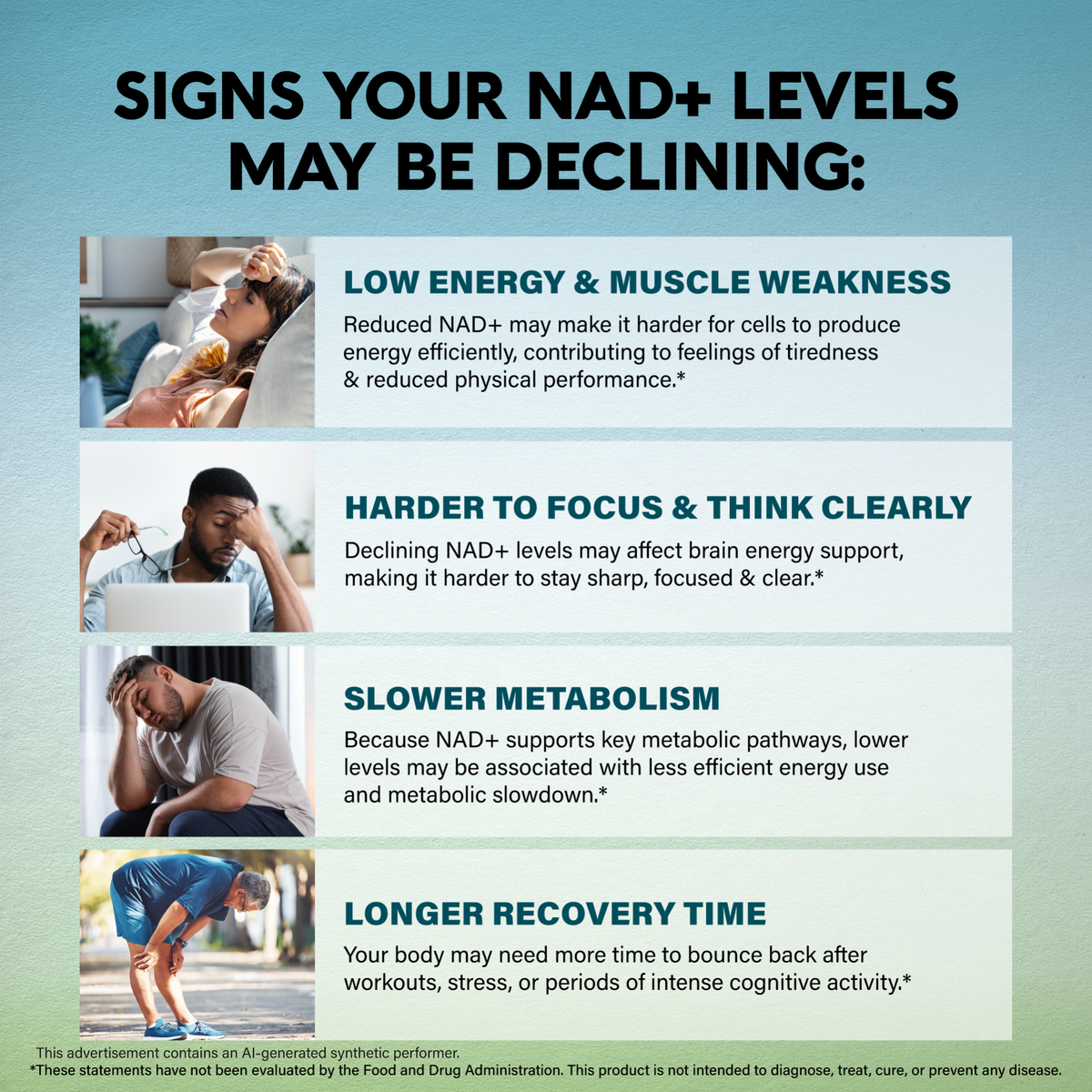 Educational graphic titled Signs Your NAD+ Levels May Be Declining detailing four warning signs. Highlights Low Energy & Muscle Weakness from reduced cellular energy production; Harder to Focus & Think Clearly due to affected brain energy support; Slower Metabolism linked to lower NAD+ metabolic pathways; and Longer Recovery Time needed after workouts, stress, or intense cognitive activity.