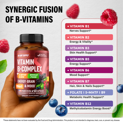 SYNERGIC FUSION OF B-VITAMINS: Highlights specific vitamin benefits per capsule:
• Vitamin B1: Nerves Support*
• Vitamin B2: Energy & Vitality*
• Vitamin B3: Skin Health Support*
• Vitamin B5: Energy Support*
• Vitamin B6: Mood Support*
• Vitamin B7: Hair, Skin & Nails Support*
• Folate | 5-MTHF | B9: Metabolic Health Support*
• Vitamin B12: Methylcobalamin Energy Boost*