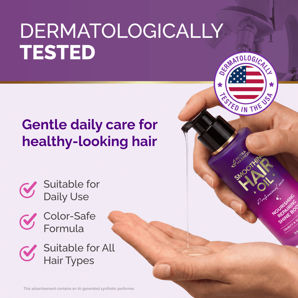 Product safety graphic titled Dermatologically Tested featuring a hand dispensing NutraHarmony Smoothing Hair Oil onto palm. Highlights gentle daily care for healthy-looking hair. Lists three core benefit checkmarks: Suitable for Daily Use, Color-Safe Formula, and Suitable for All Hair Types. Features a badge reading Dermatologically Tested in the USA.