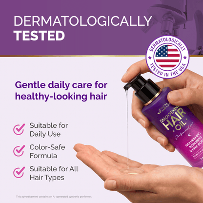 Product safety graphic titled Dermatologically Tested featuring a hand dispensing NutraHarmony Smoothing Hair Oil onto palm. Highlights gentle daily care for healthy-looking hair. Lists three core benefit checkmarks: Suitable for Daily Use, Color-Safe Formula, and Suitable for All Hair Types. Features a badge reading Dermatologically Tested in the USA.