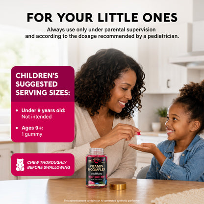 Safety and dosage guide titled For Your Little Ones featuring a mother giving a gummy supplement to her child. Outlines children's suggested serving sizes: not intended for under 9 years old, and 1 gummy for ages 9+. Reminds parents to always use under parental supervision, follow pediatrician recommendations, and instruct children to chew thoroughly before swallowing. Displays a bottle of NutraHarmony Vitamin B-Complex gummies.