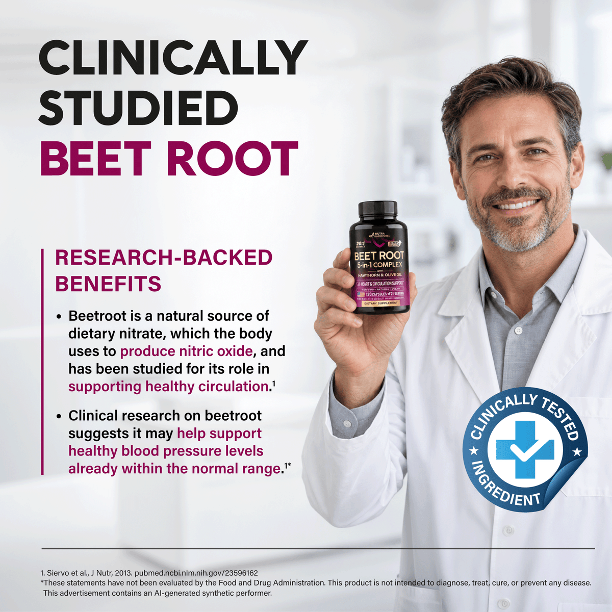 A promotional graphic titled "Clinically Studied Beet Root" featuring a lab professional holding a NutraHarmony Beet Root 5-in-1 Complex bottle alongside a "Clinically Tested Ingredient" badge. Outlines key research-backed benefits:   Circulation Support: Beetroot serves as a natural source of dietary nitrate, which the body uses to produce nitric oxide for healthy circulation.   Blood Pressure Support: Clinical research suggests it helps support healthy blood pressure levels already within the normal range