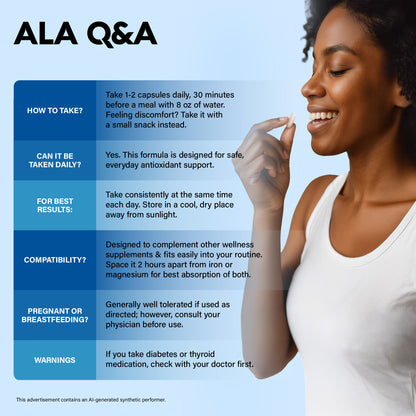 Q&A infographic titled ALA Q&A featuring a woman taking a capsule. Details usage guidelines: take 1-2 capsules daily 30 mins before meals with 8 oz water (or with a snack if experiencing discomfort); daily antioxidant use is safe; space 2 hours apart from iron or magnesium; consult a doctor if pregnant, breastfeeding, or taking diabetes or thyroid medications.