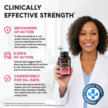 ducational graphic titled Clinically Effective Strength featuring a doctor holding NutraHarmony D-Mannose. Details Mechanism of Action: D-Mannose binds to E. coli lectins to inhibit bacterial attachment to the urinary tract. Cites 6 Days of Action where clinical data show 6 days achieve E. coli clearance in 8/10 women, and Consistency for 35+ Days showing long-term use maintains healthy E. coli levels. Bears a Clinically Tested Ingredient badge.