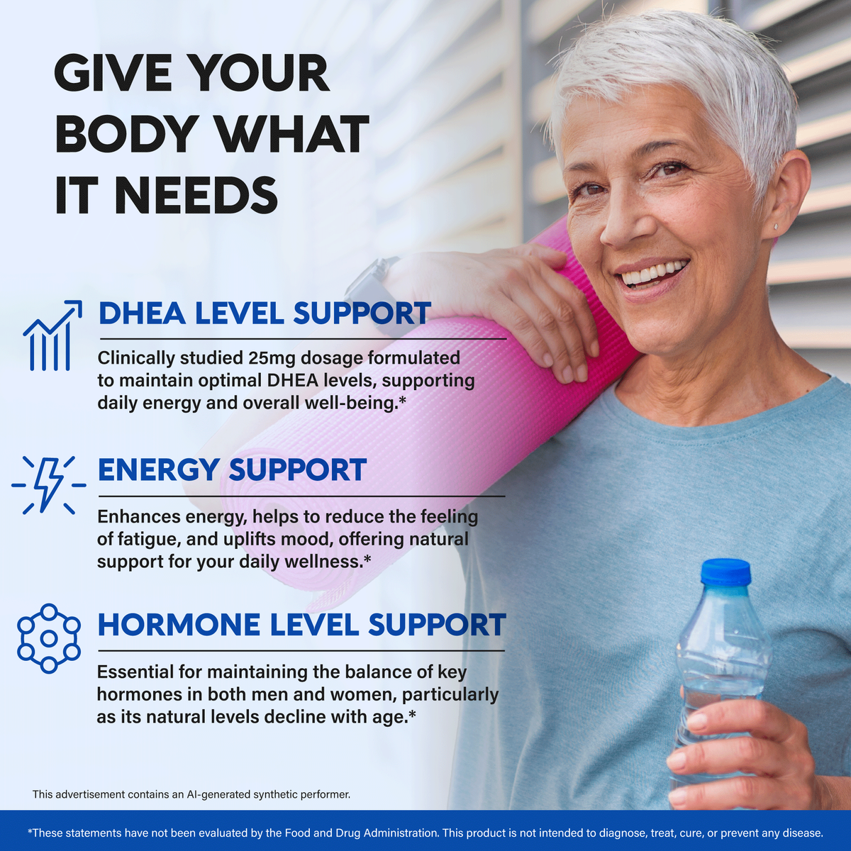 A promotional graphic titled "Give Your Body What It Needs". Outlines key product benefits:   
DHEA Level Support: Features a clinically studied 25 mg dosage formulated to maintain optimal DHEA levels for daily energy and well-being.   
Energy Support: Enhances energy, helps reduce fatigue, and uplifts mood for overall daily wellness.   
Hormone Level Support: Essential for maintaining key hormone balance in both men and women as natural levels decline with age.