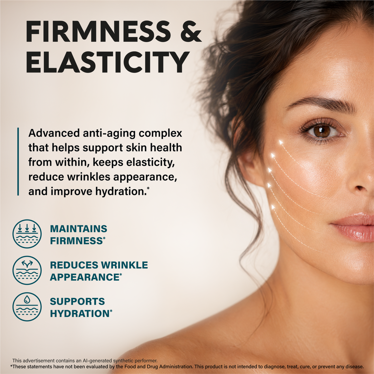 Skincare and anti-aging graphic titled Firmness & Elasticity featuring a close-up of a woman's radiant face with directional arrows indicating skin lifting. Highlights an advanced anti-aging complex designed to support skin health from within, keep elasticity, reduce the appearance of wrinkles, and support skin hydration. Visual icons emphasize maintaining firmness, reducing wrinkle appearance, and supporting hydration.