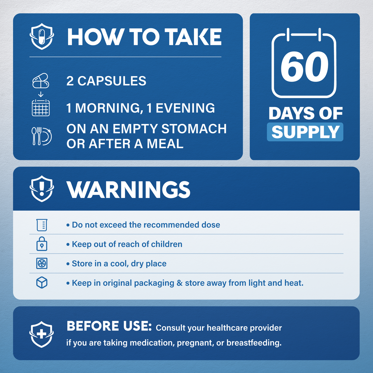 Instructional infographic titled How to Take detailing dosage for NutraHarmony Alpha Lipoic Acid. Recommends taking 2 capsules daily (1 in the morning, 1 in the evening) on an empty stomach or after a meal. Includes a 60-day supply calendar icon and lists standard safety warnings: do not exceed recommended dose, keep away from children, store in a cool dry place away from light/heat, and consult a physician if pregnant, nursing, or on medication.