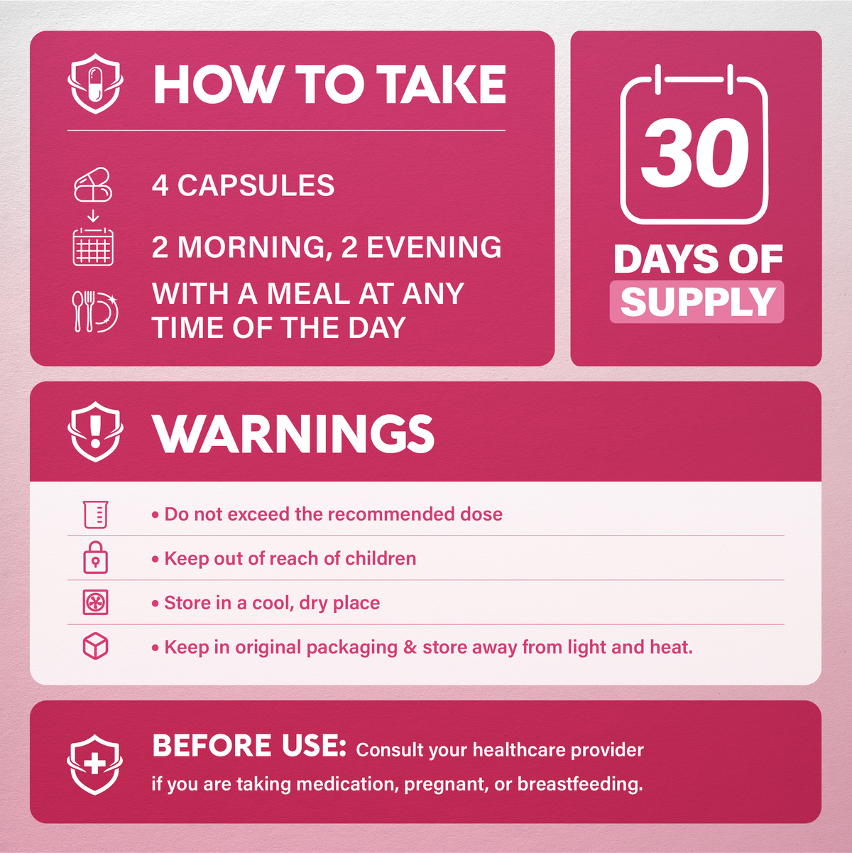 Instructional infographic titled How to Take for NutraHarmony D-Mannose. Recommends 4 capsules daily (2 in the morning, 2 in the evening with a meal at any time of day). Displays a 30-day supply calendar icon and lists warnings: do not exceed recommended dose, keep out of reach of children, store in a cool dry place, keep in original packaging away from light and heat, and consult a healthcare provider if taking medication, pregnant, or breastfeeding.