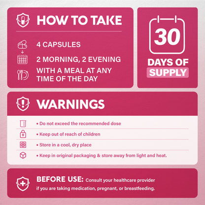 Instructional infographic titled How to Take for NutraHarmony D-Mannose. Recommends 4 capsules daily (2 in the morning, 2 in the evening with a meal at any time of day). Displays a 30-day supply calendar icon and lists warnings: do not exceed recommended dose, keep out of reach of children, store in a cool dry place, keep in original packaging away from light and heat, and consult a healthcare provider if taking medication, pregnant, or breastfeeding.