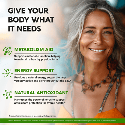 Product benefit graphic titled Give Your Body What It Needs set against a smiling woman. Highlights three core benefits: Metabolism Aid (supports metabolic function, helping to maintain a healthy physical form), Energy Support (provides natural energy support to stay active and alert throughout the day), and Natural Antioxidant (harnesses the power of herbs to support antioxidant protection for overall health). 