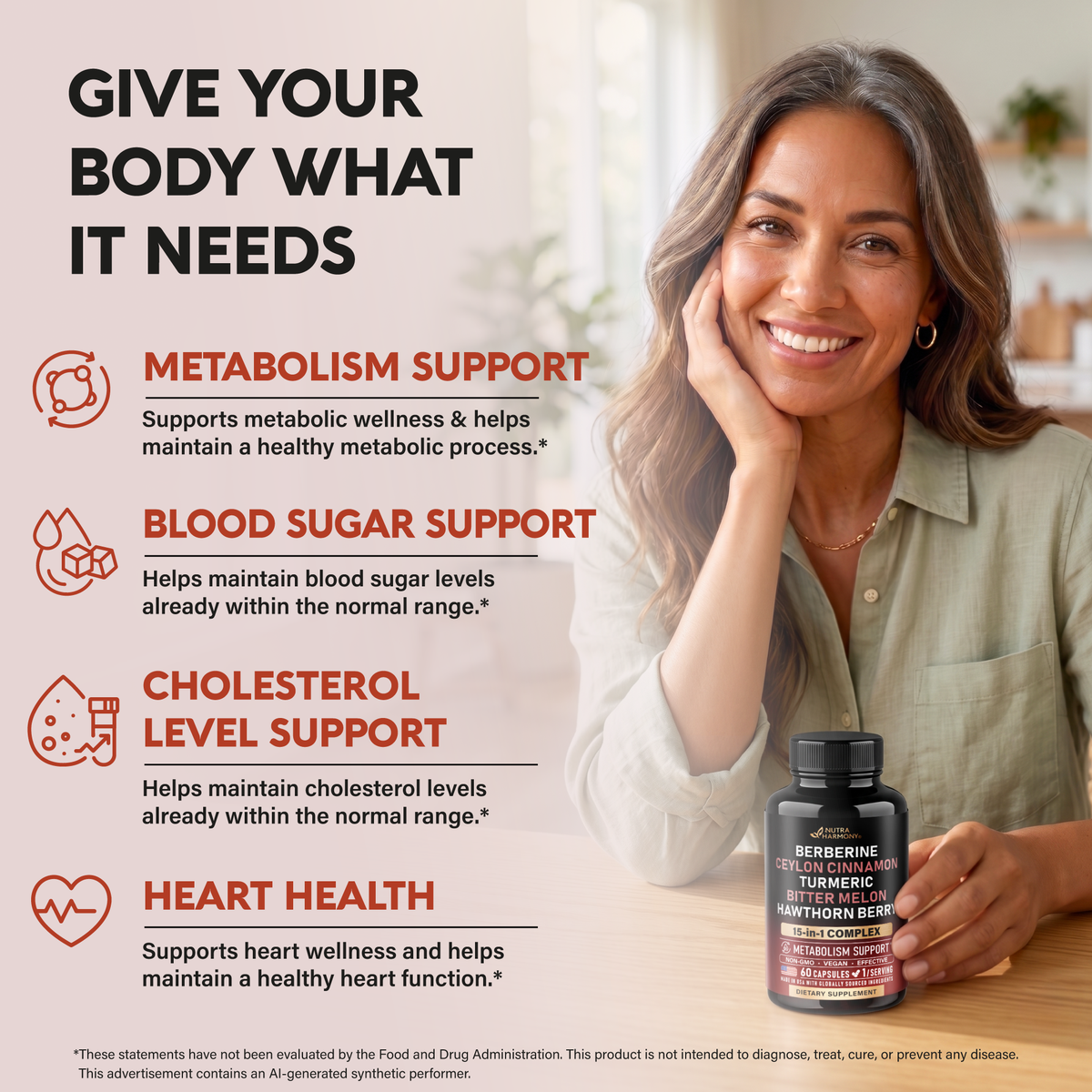 A promotional graphic titled "Give Your Body What It Needs". Outlines four key health benefits:   
Metabolism Support: Supports metabolic wellness and helps maintain a healthy metabolic process.   
Blood Sugar Support: Helps maintain blood sugar levels already within the normal range.   
Cholesterol Level Support: Helps maintain cholesterol levels already within the normal range.   
Heart Health: Supports overall heart wellness and healthy heart function.