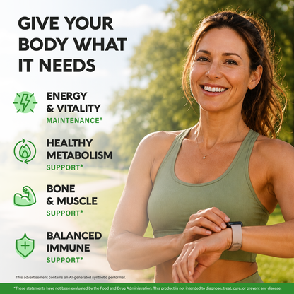 A promotional graphic titled "Give Your Body What It Needs" featuring a smiling woman in activewear outdoors. Outlines four daily health benefits:   Energy & Vitality: Supports energy maintenance for daily activity.   Metabolism & Immune: Promotes a healthy metabolism and balanced immune support.   Bone & Muscle: Provides bone and muscle support for active lifestyles. 