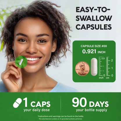 An infographic titled "Easy-To-Swallow Capsules" showing a smiling woman holding a single capsule. Details capsule specifications and supply:   Size Specifications: Capsule Size #00 (0.921 inch compared to a U.S. penny).   Dosage & Supply: Indicates 1 capsule daily dose providing a 90-day bottle supply.  