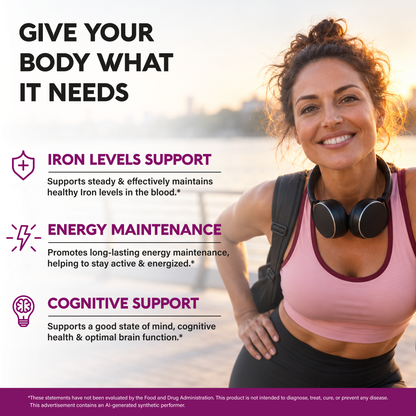 Product benefit infographic titled Give Your Body What It Needs featuring an active woman smiling in sportswear with headphones. Highlights three benefits: Iron Levels Support (maintains blood iron levels), Energy Maintenance (promotes long-lasting energy), and Cognitive Support (supports brain function and mood).