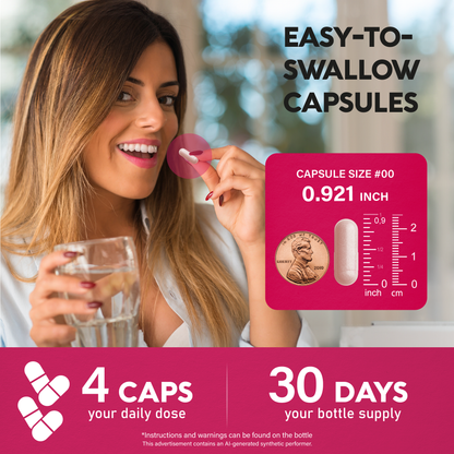 Infographic titled Easy-To-Swallow Capsules showing a woman holding a capsule next to a water glass. Displays Capsule Size #00 measuring 0.921 inches (2.34 cm) compared to a U.S. penny. Bottom callout specifies a daily dose of 4 capsules and a 30-day bottle supply.