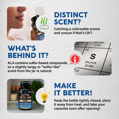 Explanatory graphic addressing ALA supplement scent. Titled Distinct Scent? What's Behind It?, it explains that Alpha Lipoic Acid naturally contains sulfur-based compounds, giving it a tangy or sulfur-like aroma. Shows a bottle of NutraHarmony Alpha Lipoic Acid and the periodic table entry for Sulfur (S). Under Make It Better!, it advises keeping the bottle tightly closed, storing away from heat, and taking capsules soon after opening.