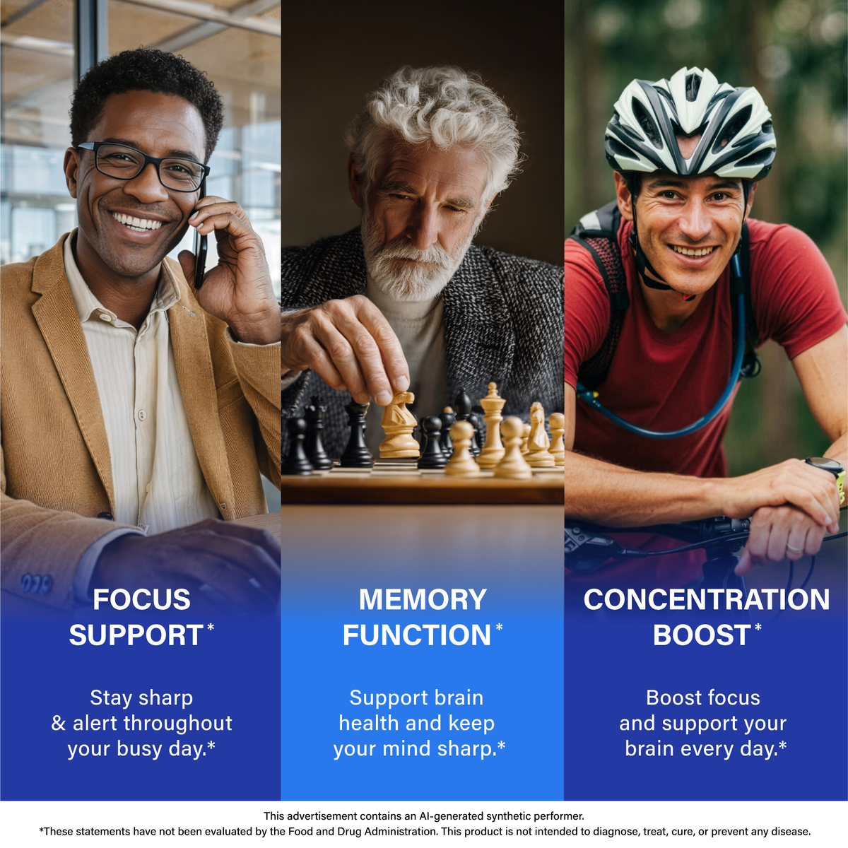 A three-panel cognitive support infographic showcasing men engaged in work, chess, and cycling:   Focus Support: Keeps you sharp and alert throughout the day.   Memory Function: Supports brain health and keeps your mind sharp.   Concentration Boost: Enhances daily focus and cognitive vitality. 