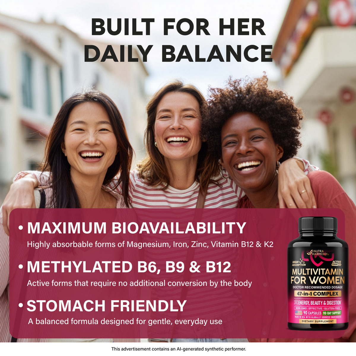 A promotional graphic titled "Built For Her Daily Balance" featuring three women smiling together beside a bottle of NutraHarmony Multivitamin For Women (47-in-1 Complex). Highlights key formula benefits:   Maximum Bioavailability: Contains highly absorbable forms of Magnesium, Iron, Zinc, Vitamin B12, and K2.   Active Nutrient Forms: Features methylated B6, B9, and B12 that require no additional conversion by the body.   Stomach-Friendly: Balanced formula designed for gentle, daily use. 