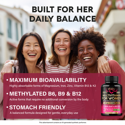 A promotional graphic titled "Built For Her Daily Balance" featuring three women smiling together beside a bottle of NutraHarmony Multivitamin For Women (47-in-1 Complex). Highlights key formula benefits:   Maximum Bioavailability: Contains highly absorbable forms of Magnesium, Iron, Zinc, Vitamin B12, and K2.   Active Nutrient Forms: Features methylated B6, B9, and B12 that require no additional conversion by the body.   Stomach-Friendly: Balanced formula designed for gentle, daily use. 