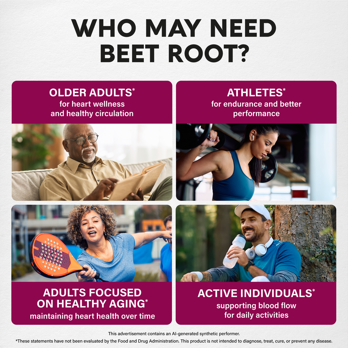 Target audience graphic titled Who May Need Beet Root? featuring four lifestyle portraits. Highlights key user groups: Older Adults, for heart wellness and healthy circulation; Athletes, for endurance and better performance; Adults Focused on Healthy Aging, maintaining heart health over time; and Active Individuals, supporting blood flow for daily activities.