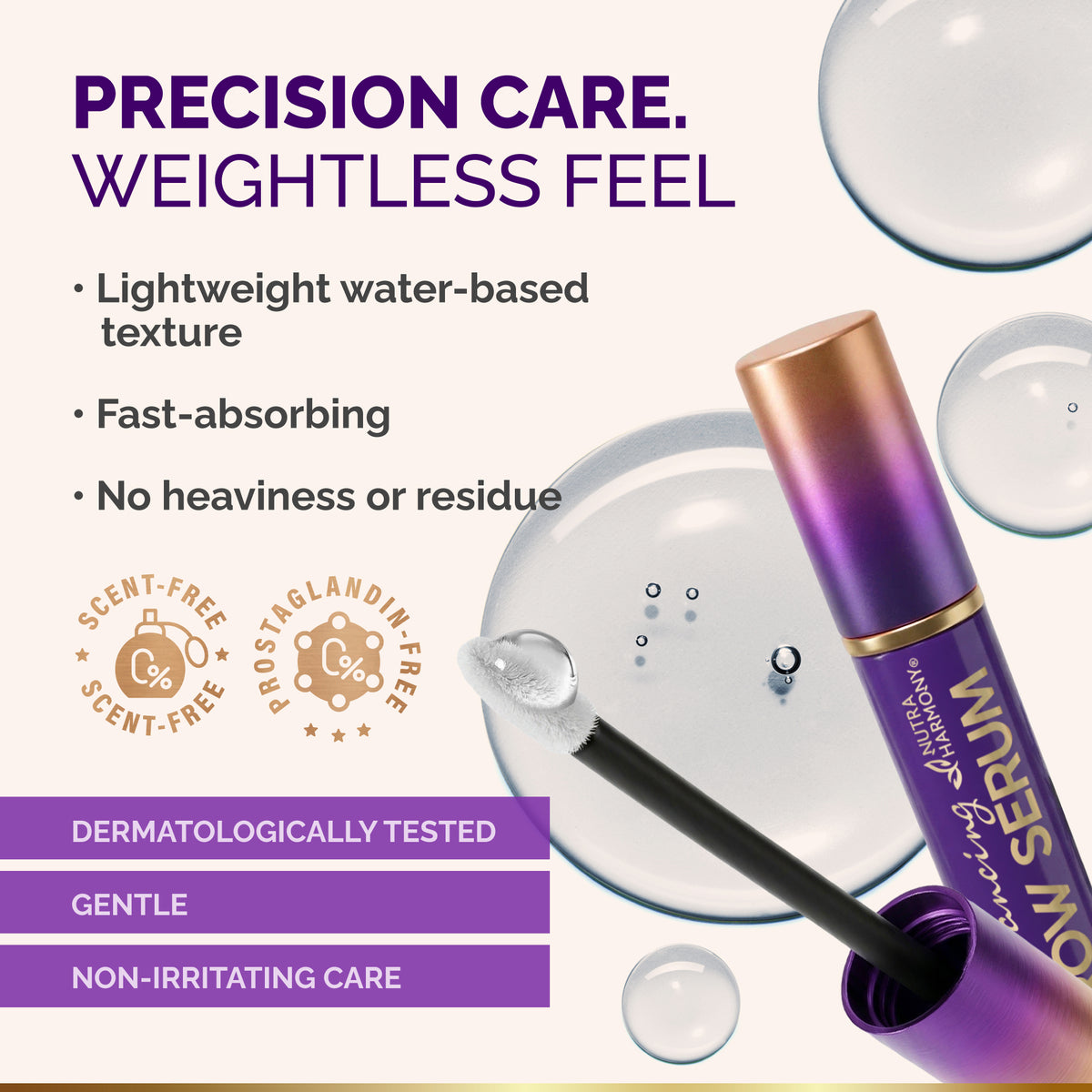 Texture spotlight graphic titled Precision Care. Weightless Feel featuring NutraHarmony Enhancing Brow Serum tube and applicator next to clear water-based droplets. Highlights three bullet points: Lightweight water-based texture, Fast-absorbing, and No heaviness or residue. Features Scent-Free and Prostaglandin-Free badges alongside three benefit bars reading Dermatologically Tested, Gentle, and Non-Irritating Care.