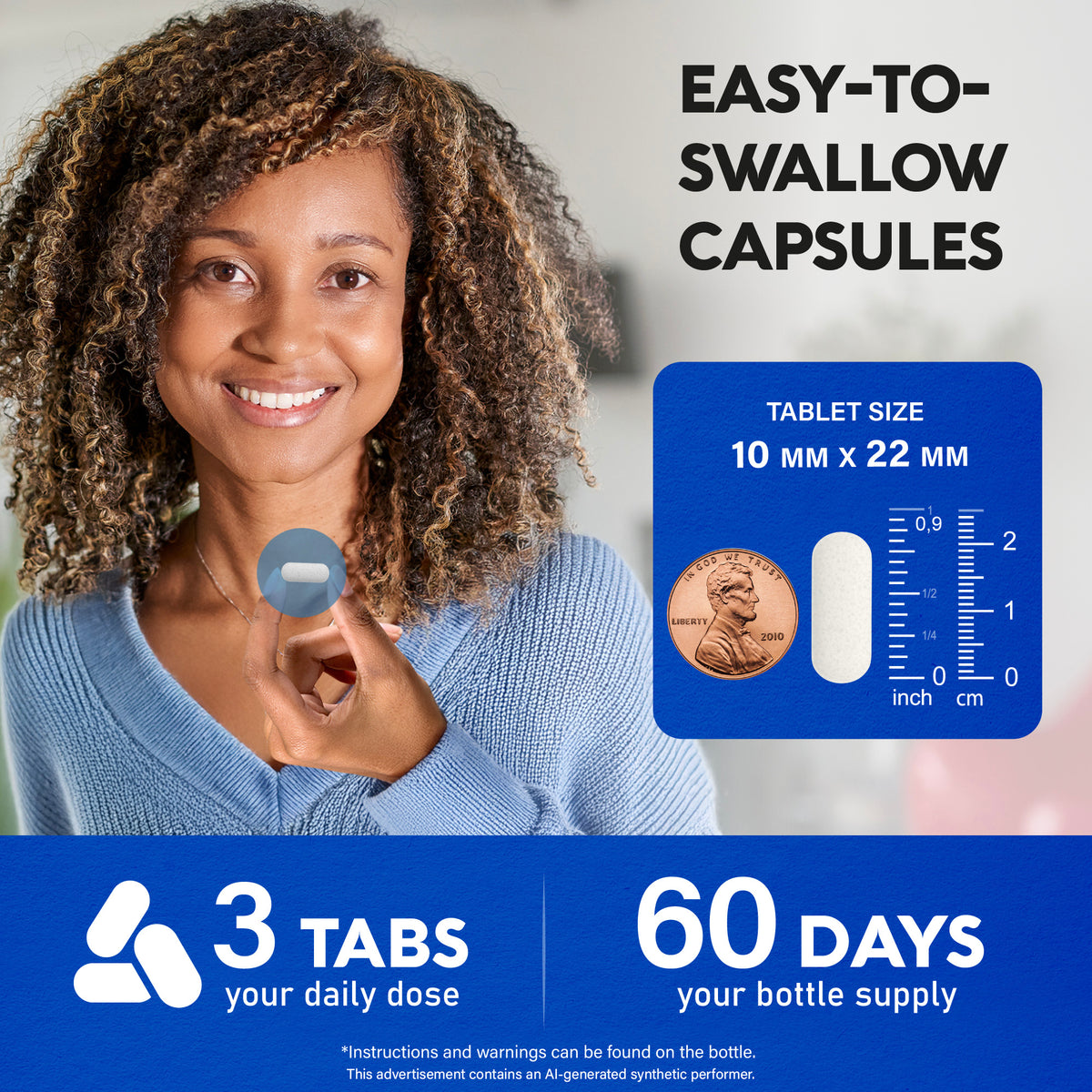 The uploaded graphic (askmdas.jpg) highlights capsule dimensions and supply details:   Product Specifications: Promotes easy-to-swallow capsules measuring 10 mm × 22 mm (approx. 0.9 inches / 2.2 cm), pictured alongside a U.S. penny for scale.   Dosage & Supply: Indicates a daily dosage of 3 tablets/capsules providing a 60-day bottle supply.