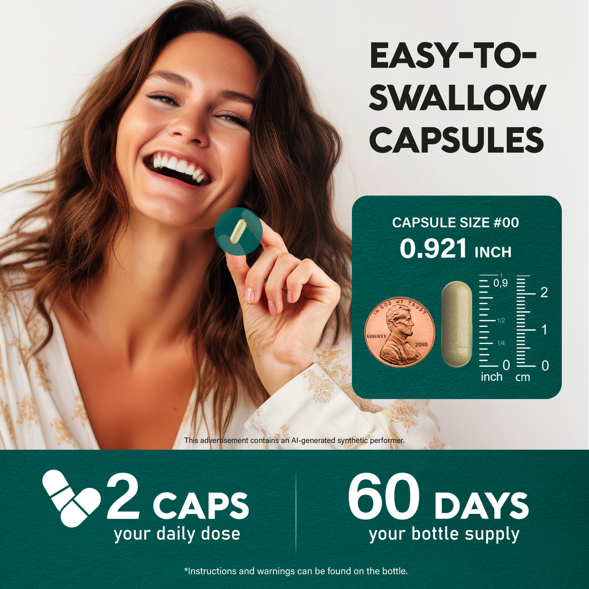 Infographic titled Easy-To-Swallow Capsules showing a smiling woman holding a capsule next to a size scale. Displays Capsule Size #00 (0.921 inches / 2.34 cm) compared to a U.S. penny, specifying a daily dose of 2 capsules and a 60-day bottle supply.