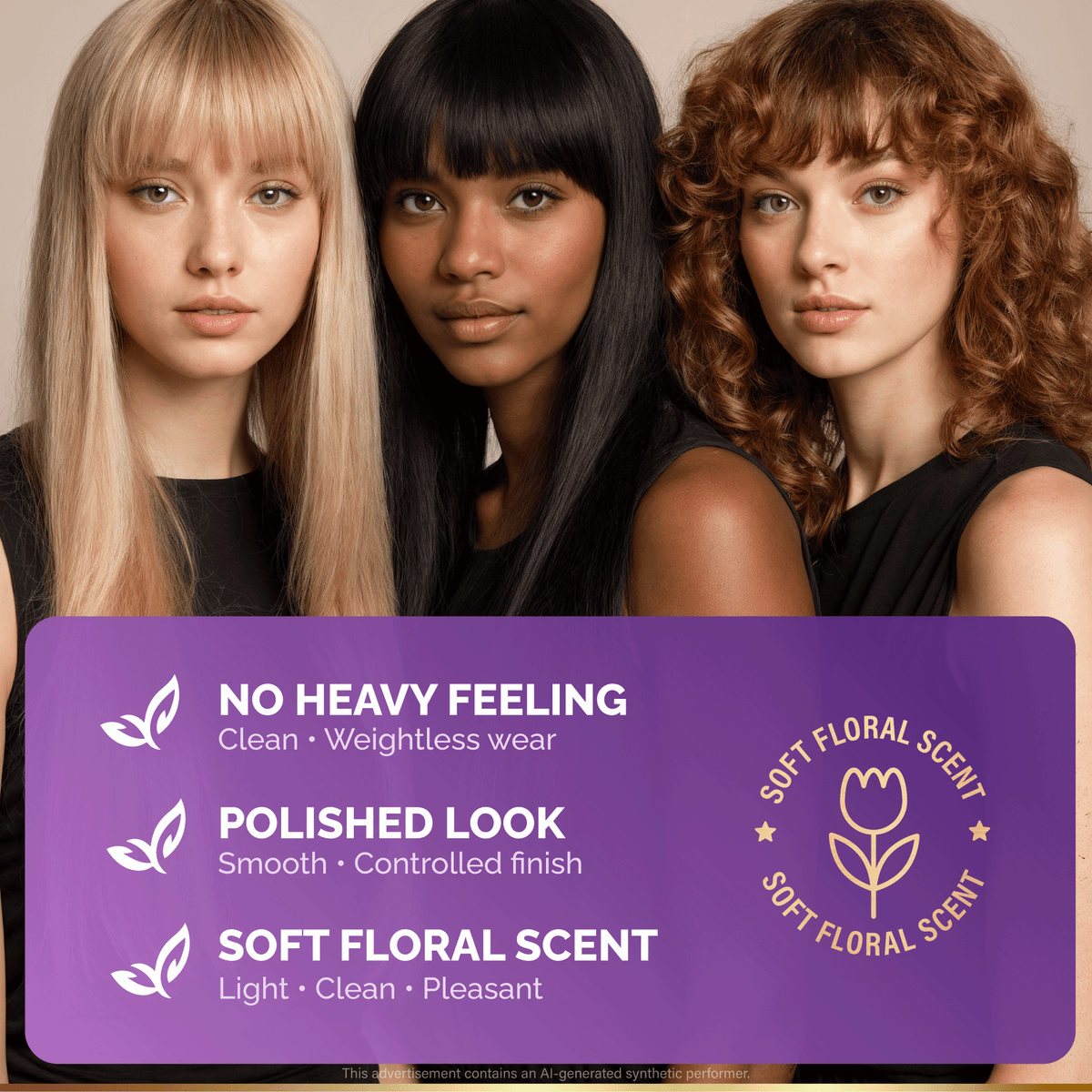 Product benefit graphic titled No Heavy Feeling set against three women showcasing straight, sleek, and wavy hairstyles. Highlights three formula key points: No Heavy Feeling with clean, weightless wear; Polished Look with a smooth, controlled finish; and Soft Floral Scent with a light, clean, and pleasant fragrance. Features a Soft Floral Scent seal with a flower icon.